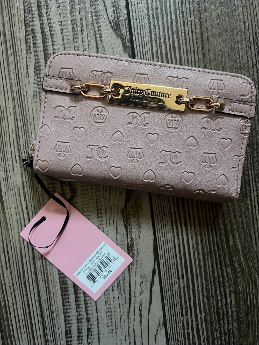 Juicy Couture Blush Pink Embossed Logo Wristlet Wallet with Gold Plaque
